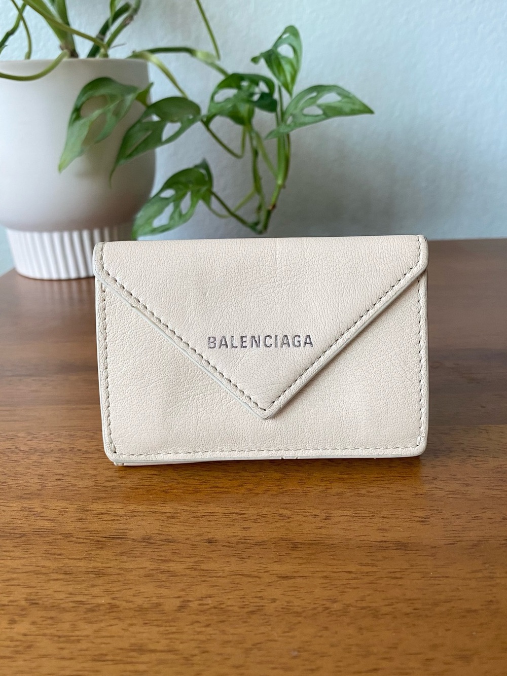 Balenciaga Papier Calfskin Leather Mini Wallet in Bone Cream Beige Tapioca